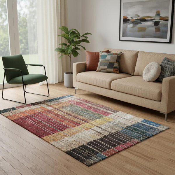 HomeRoots 8' Washable Round Rug in Beige, Red & Blue Stripes - Durable, UV-Protected, Perfect for High-Traffic Areas 709513