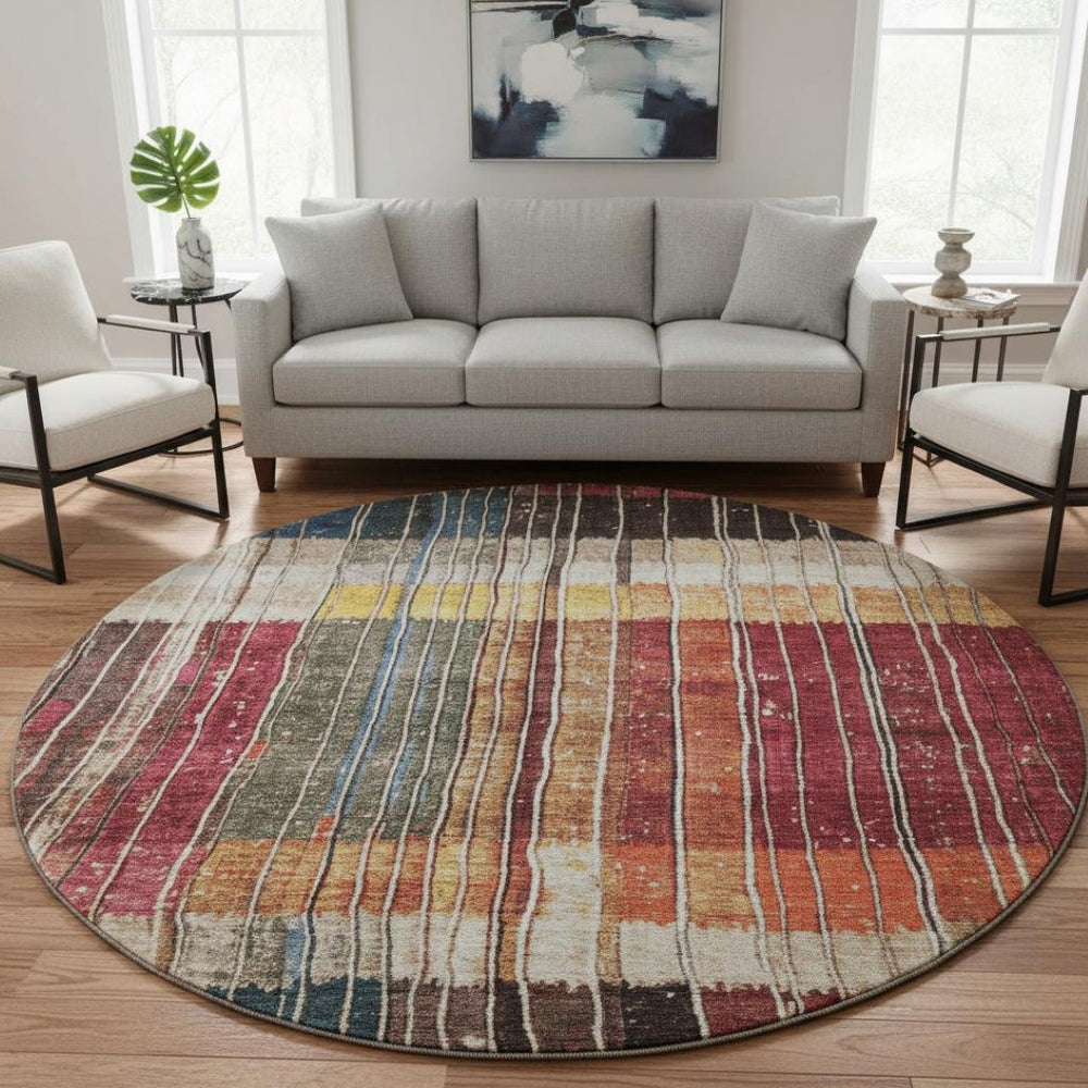 HomeRoots 8' X 10' Washable Beige Red And Blue Striped Area Rug with UV Protection for Stylish Living Spaces 709514