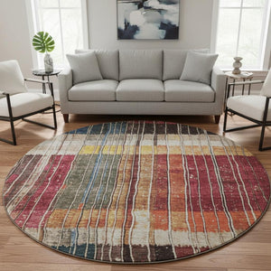 HomeRoots 8' X 10' Washable Beige Red And Blue Striped Area Rug with UV Protection for Stylish Living Spaces 709514
