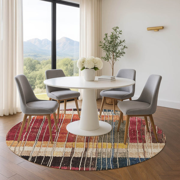 HomeRoots 8' X 10' Washable Beige Red And Blue Striped Area Rug with UV Protection for Stylish Living Spaces 709514