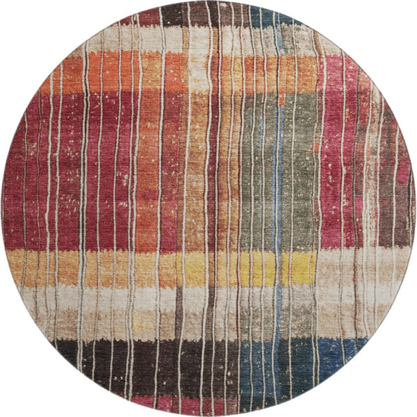 HomeRoots 8' X 10' Washable Beige Red And Blue Striped Area Rug with UV Protection for Stylish Living Spaces 709514