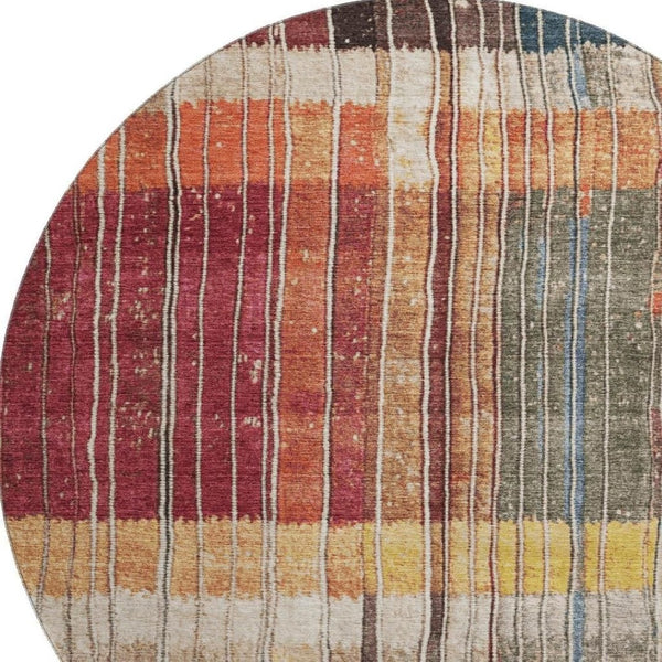HomeRoots 8' X 10' Washable Beige Red And Blue Striped Area Rug with UV Protection for Stylish Living Spaces 709514