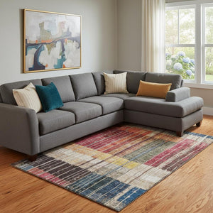 HomeRoots 9' X 12' Beige Red And Blue Striped Washable Area Rug - UV Protected, Stain Resistant, Durable Design 709515