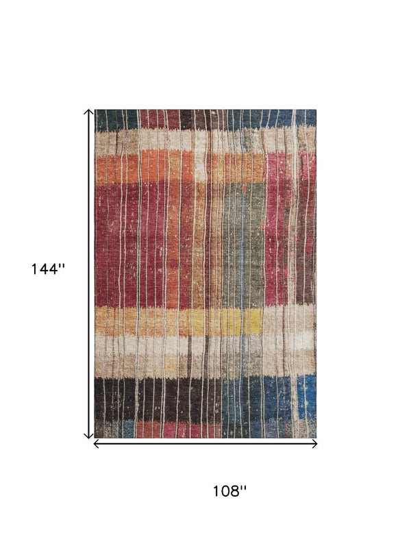 HomeRoots 10' X 14' Beige Red and Blue Striped Washable Area Rug with UV Protection for High-Traffic Rooms 709516