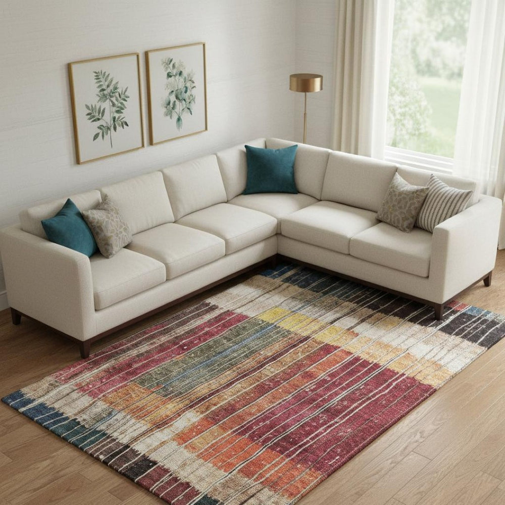 HomeRoots 10' X 14' Beige Red and Blue Striped Washable Area Rug with UV Protection for High-Traffic Rooms 709516