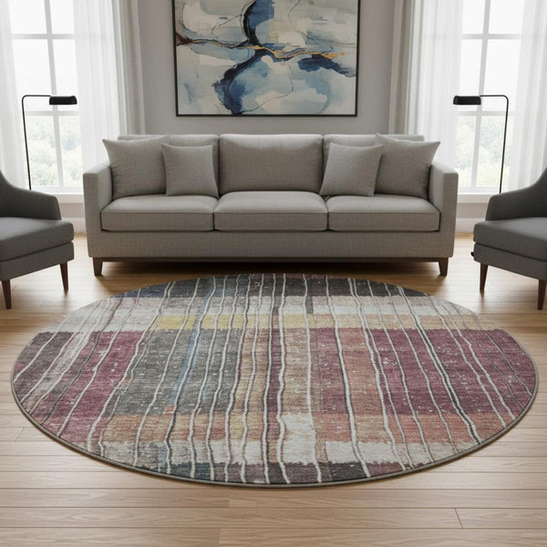 HomeRoots 8' X 10' Stylish Mauve Blue Beige Striped Area Rug - Washable, UV Protected, Perfect for Busy Homes! 709520