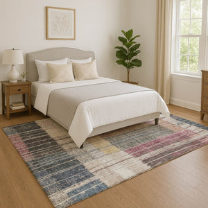 HomeRoots 9' X 12' Mauve Blue Beige Striped Washable Area Rug - Stain Resistant, UV Protected, Pet Friendly 709521