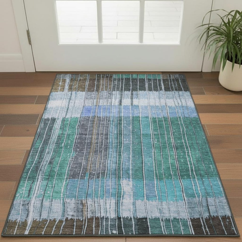 HomeRoots 5' X 8' Elegant Teal Ivory Brown Striped Washable Area Rug with UV Protection for High-Traffic Spaces 709524