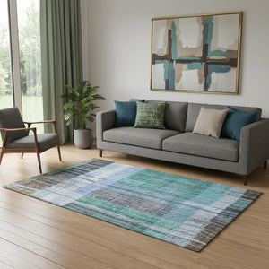 HomeRoots 8' Teal Ivory And Brown Striped Round Rug - Washable, UV-Protected, Durable for High-Traffic Areas 709525