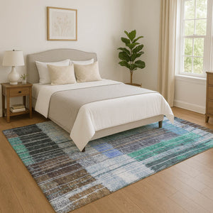 HomeRoots 8' Teal Ivory And Brown Striped Round Rug - Washable, UV-Protected, Durable for High-Traffic Areas 709525