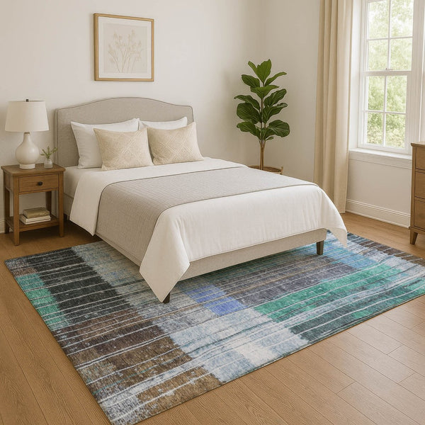 HomeRoots 8' Teal Ivory And Brown Striped Round Rug - Washable, UV-Protected, Durable for High-Traffic Areas 709525