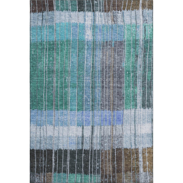 HomeRoots 8' Teal Ivory And Brown Striped Round Rug - Washable, UV-Protected, Durable for High-Traffic Areas 709525