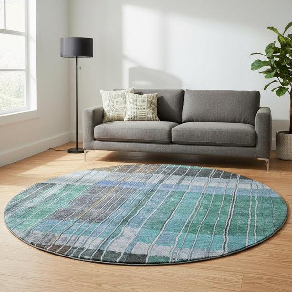 HomeRoots 8' X 10' Stylish Teal Ivory Brown Striped Washable Area Rug with UV Protection for High Traffic Homes 709526