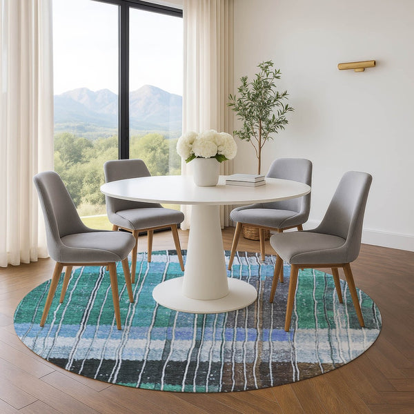 HomeRoots 8' X 10' Stylish Teal Ivory Brown Striped Washable Area Rug with UV Protection for High Traffic Homes 709526