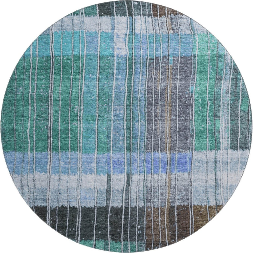 HomeRoots 8' X 10' Stylish Teal Ivory Brown Striped Washable Area Rug with UV Protection for High Traffic Homes 709526