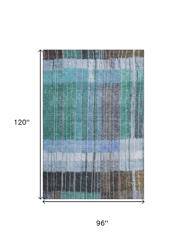 HomeRoots 9' X 12' Stylish Teal Ivory and Brown Striped Washable Area Rug with UV Protection for Homes 709527