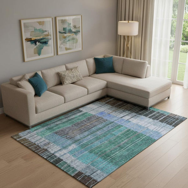 HomeRoots 10' X 14' Teal Ivory Brown Striped Washable Area Rug – Durable, UV-Protected, Perfect for Homes! 709528