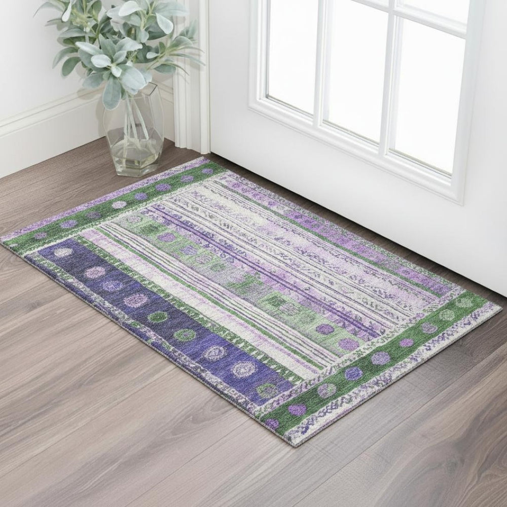 HomeRoots 5' X 8' Stylish Striped Area Rug in Green, Purple, and Ivory - Washable, UV-Protected & Non-Slip! 709530