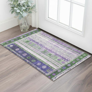 HomeRoots 5' X 8' Stylish Striped Area Rug in Green, Purple, and Ivory - Washable, UV-Protected & Non-Slip! 709530