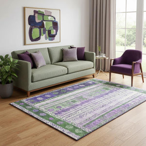 HomeRoots 8' Vibrant Green, Purple & Ivory Striped Washable Round Rug with UV Protection for Busy Homes 709531