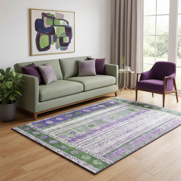 HomeRoots 8' Vibrant Green, Purple & Ivory Striped Washable Round Rug with UV Protection for Busy Homes 709531