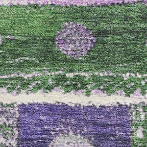 HomeRoots 8' Vibrant Green, Purple & Ivory Striped Washable Round Rug with UV Protection for Busy Homes 709531