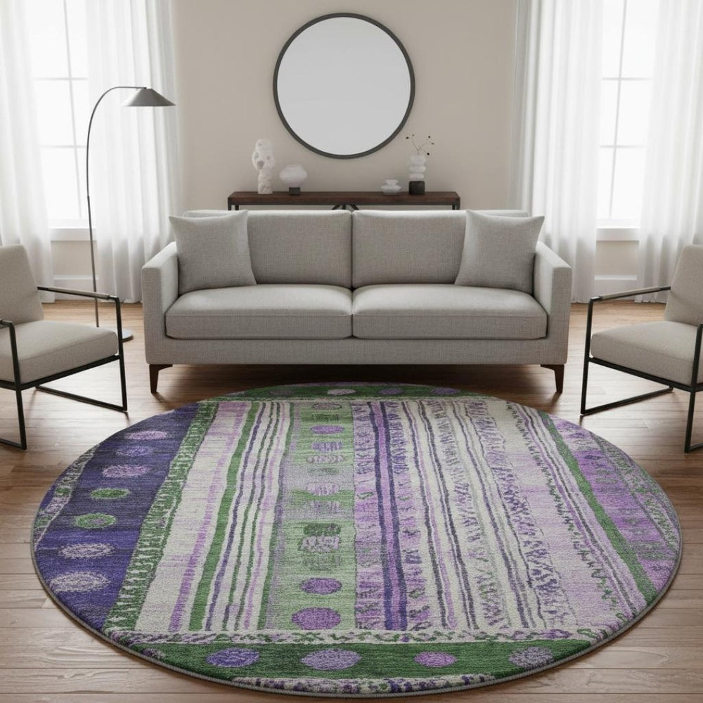 HomeRoots 8' X 10' Washable Striped Area Rug in Green, Purple & Ivory - UV Protection & Stain Resistant Design 709532
