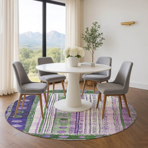 HomeRoots 8' X 10' Washable Striped Area Rug in Green, Purple & Ivory - UV Protection & Stain Resistant Design 709532