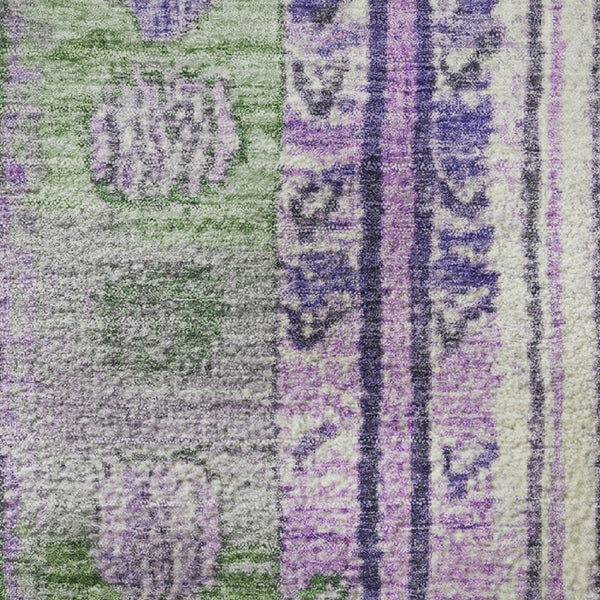 HomeRoots 8' X 10' Washable Striped Area Rug in Green, Purple & Ivory - UV Protection & Stain Resistant Design 709532