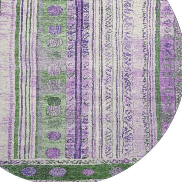HomeRoots 8' X 10' Washable Striped Area Rug in Green, Purple & Ivory - UV Protection & Stain Resistant Design 709532