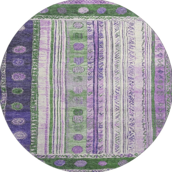 HomeRoots 8' X 10' Washable Striped Area Rug in Green, Purple & Ivory - UV Protection & Stain Resistant Design 709532