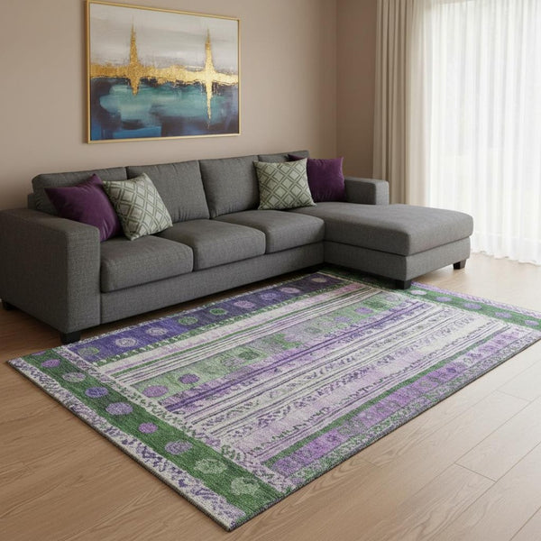HomeRoots 9' X 12' Striped Area Rug in Green, Purple & Ivory - Washable, UV-Protected & Stain-Resistant Design 709533