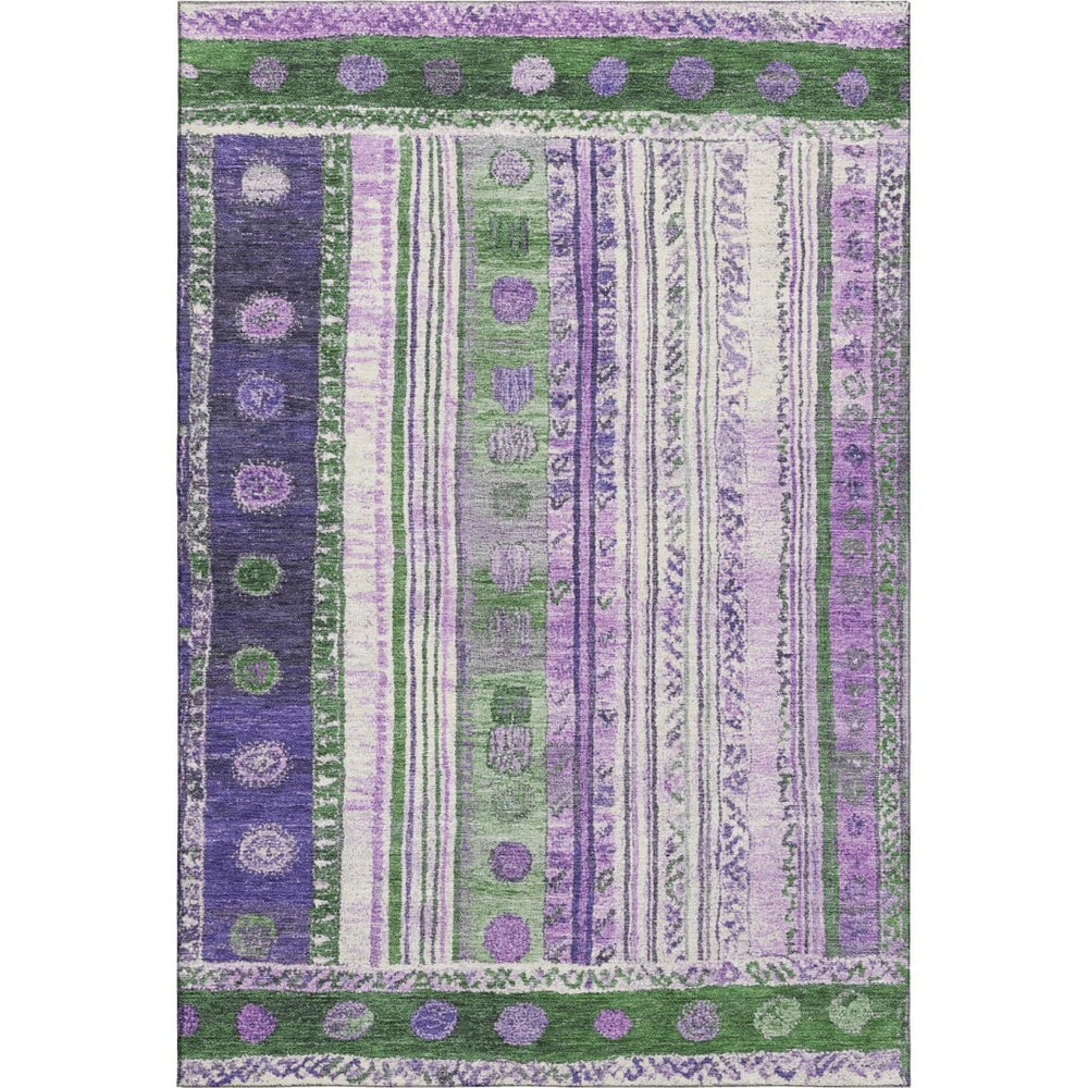 HomeRoots 9' X 12' Striped Area Rug in Green, Purple & Ivory - Washable, UV-Protected & Stain-Resistant Design 709533