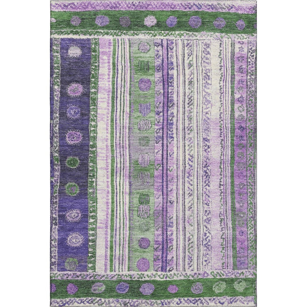 HomeRoots 9' X 12' Striped Area Rug in Green, Purple & Ivory - Washable, UV-Protected & Stain-Resistant Design 709533