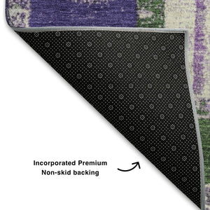 HomeRoots 9' X 12' Striped Area Rug in Green, Purple & Ivory - Washable, UV-Protected & Stain-Resistant Design 709533