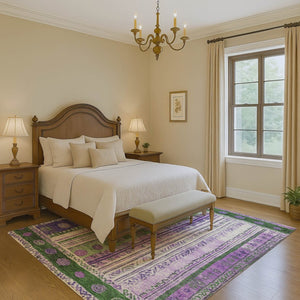 HomeRoots 9' X 12' Striped Area Rug in Green, Purple & Ivory - Washable, UV-Protected & Stain-Resistant Design 709533