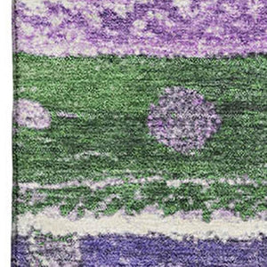 HomeRoots 9' X 12' Striped Area Rug in Green, Purple & Ivory - Washable, UV-Protected & Stain-Resistant Design 709533