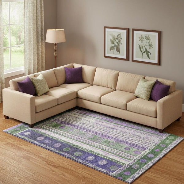 HomeRoots 10' X 14' Washable Area Rug in Striking Green, Purple & Ivory with UV Protection & Non-Slip Backing 709534