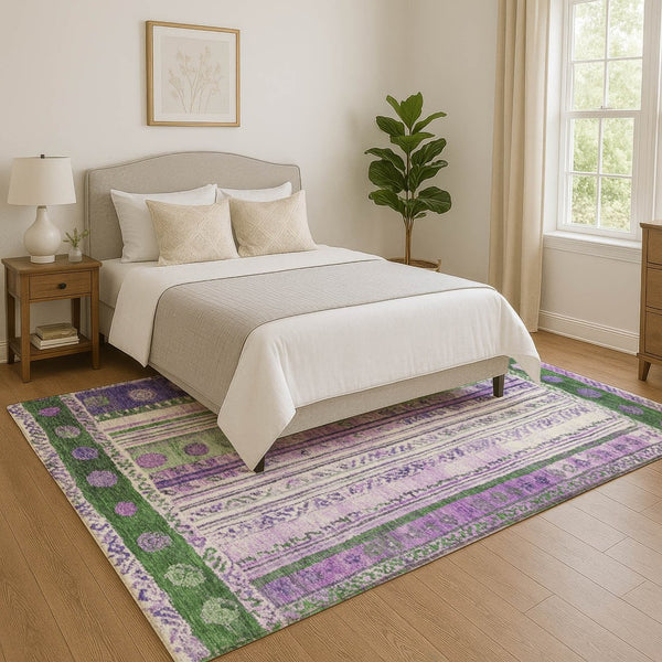 HomeRoots 10' X 14' Washable Area Rug in Striking Green, Purple & Ivory with UV Protection & Non-Slip Backing 709534