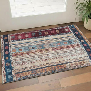HomeRoots 5' X 8' Navy Blue Merlot Ivory Striped Washable Area Rug - Stain Resistant, UV Protected & Stylish! 709536