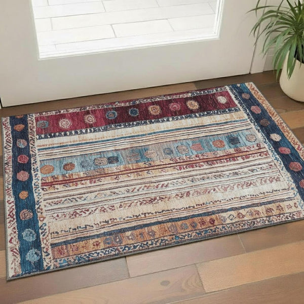 HomeRoots 5' X 8' Navy Blue Merlot Ivory Striped Washable Area Rug - Stain Resistant, UV Protected & Stylish! 709536