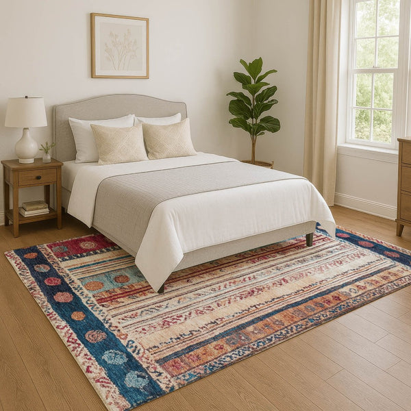 HomeRoots 5' X 8' Navy Blue Merlot Ivory Striped Washable Area Rug - Stain Resistant, UV Protected & Stylish! 709536
