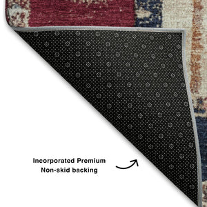 HomeRoots 5' X 8' Navy Blue Merlot Ivory Striped Washable Area Rug - Stain Resistant, UV Protected & Stylish! 709536