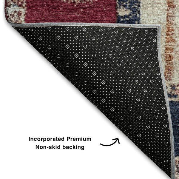 HomeRoots 5' X 8' Navy Blue Merlot Ivory Striped Washable Area Rug - Stain Resistant, UV Protected & Stylish! 709536