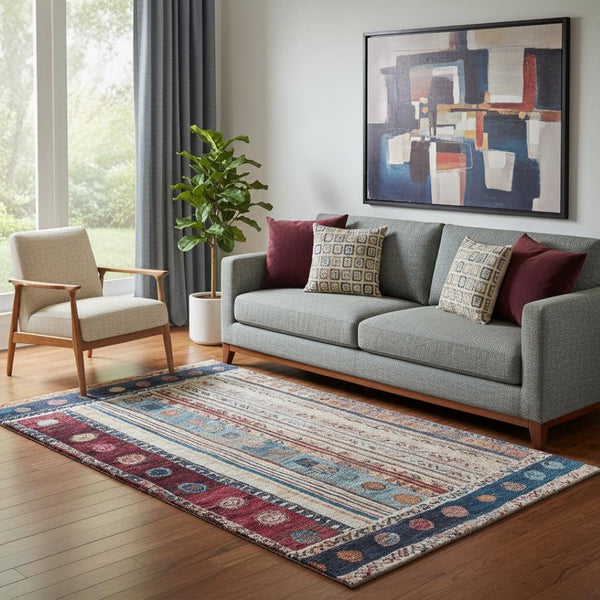 HomeRoots 8' Stylish Navy Blue, Merlot & Ivory Striped Washable Round Rug with UV Protection for Busy Homes 709537