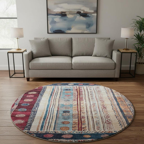 HomeRoots 8' X 10' Stylish Navy, Merlot & Ivory Striped Washable Area Rug with UV Protection for Homes & Patios 709538