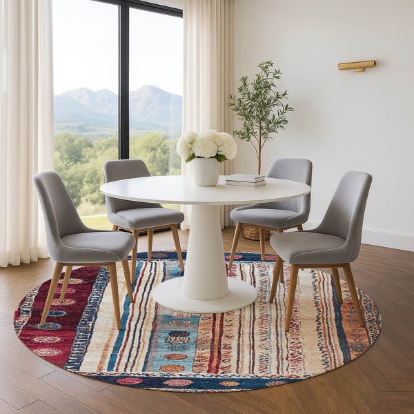 HomeRoots 8' X 10' Stylish Navy, Merlot & Ivory Striped Washable Area Rug with UV Protection for Homes & Patios 709538