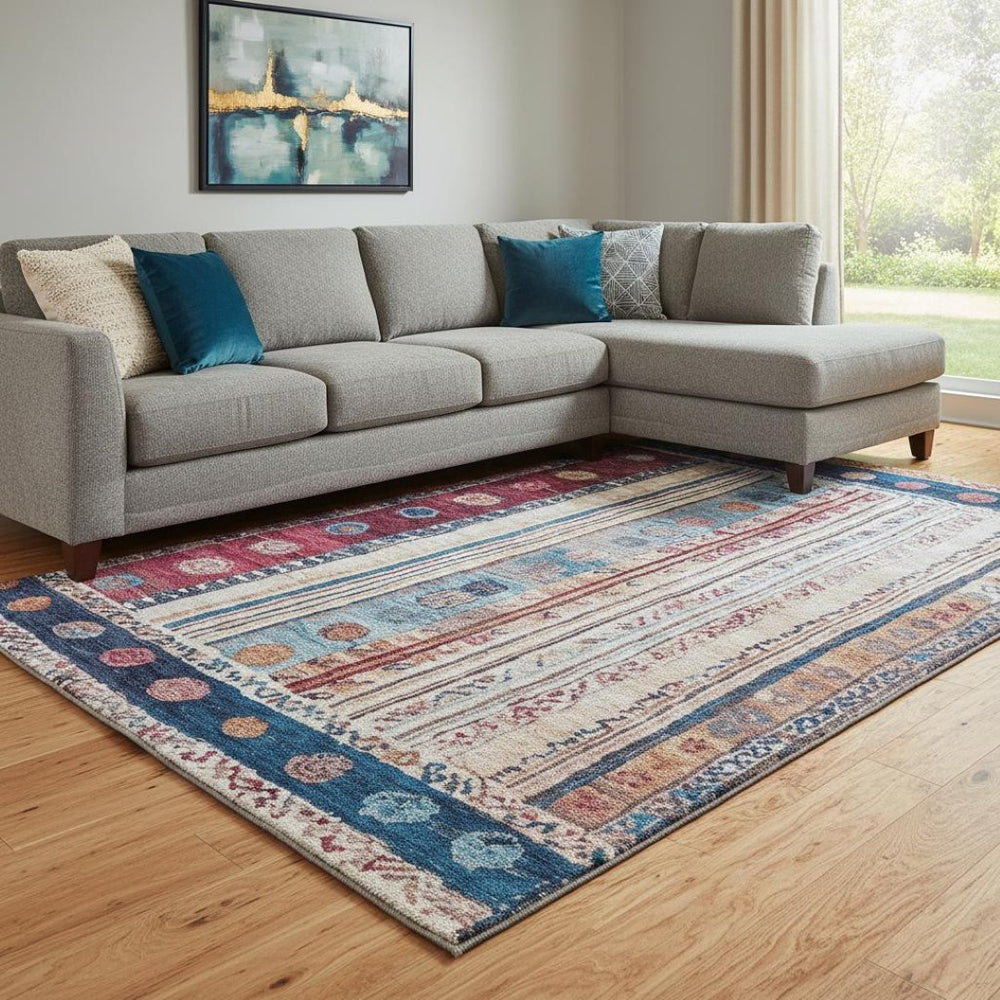 HomeRoots 9' X 12' Striped Washable Area Rug in Navy, Merlot & Ivory - UV Protected, Perfect for Kids & Pets! 709539