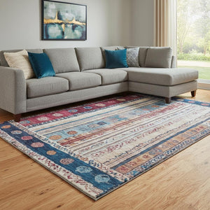 HomeRoots 9' X 12' Striped Washable Area Rug in Navy, Merlot & Ivory - UV Protected, Perfect for Kids & Pets! 709539