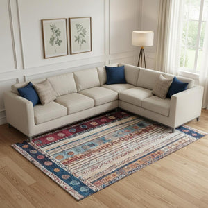 HomeRoots 10' X 14' Navy Blue Merlot Ivory Striped Washable Area Rug - Stain-Resistant, UV Protected, Durable 709540